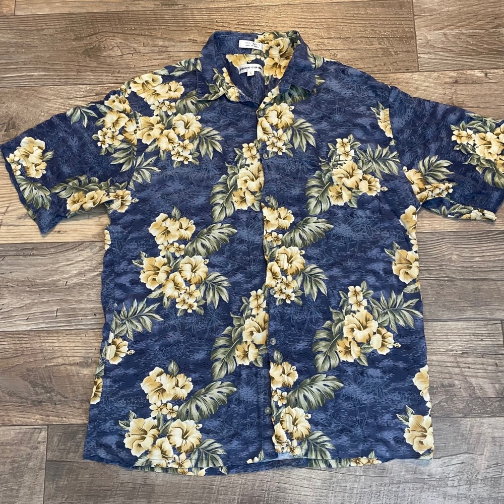 Pierre Cardin Mens Large Blue Tropical Hibiscus Floral Rayon Hawaiian Camp Shirt - Picture 2 of 7
